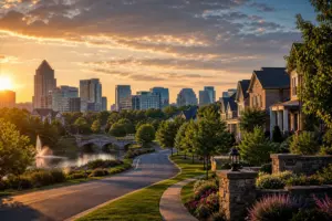 Neighborhood street of homes in Ballantyne, south Charlotte NC, at sunset with the city skyline behind
