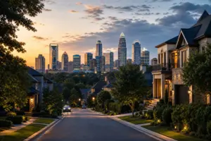 Street of brick homes in Charlotte NC with the Uptown skyline behind, from the guide to choosing a Charlotte real estate agency